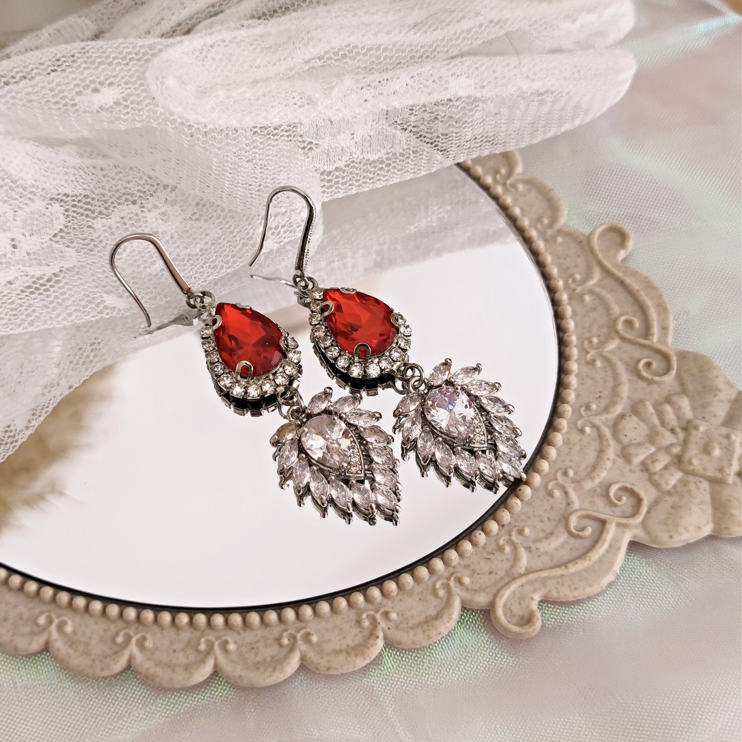 "Agatha" earrings with ruby red teardrop crystals