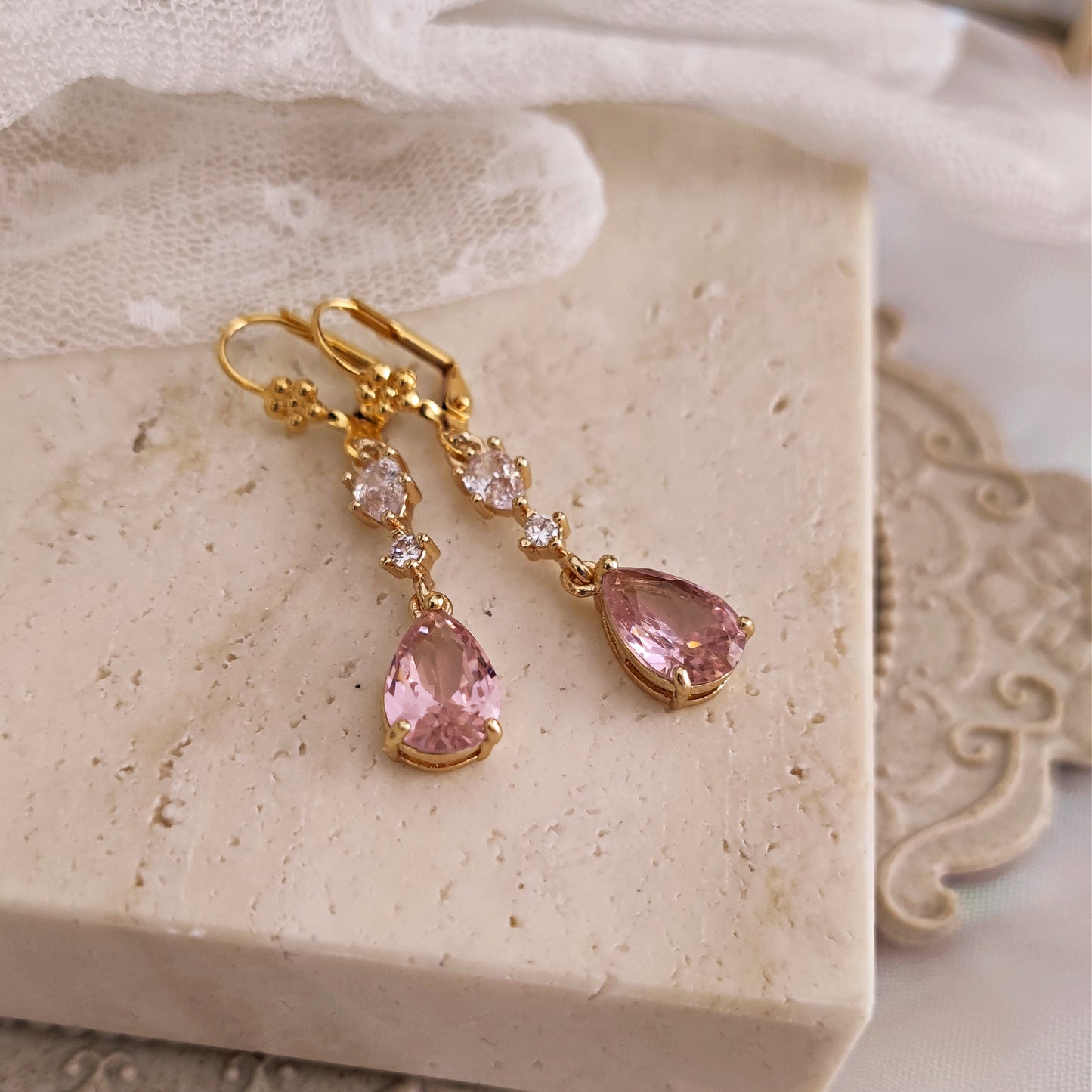 "Edwina" earrings with pink teardrop crystals