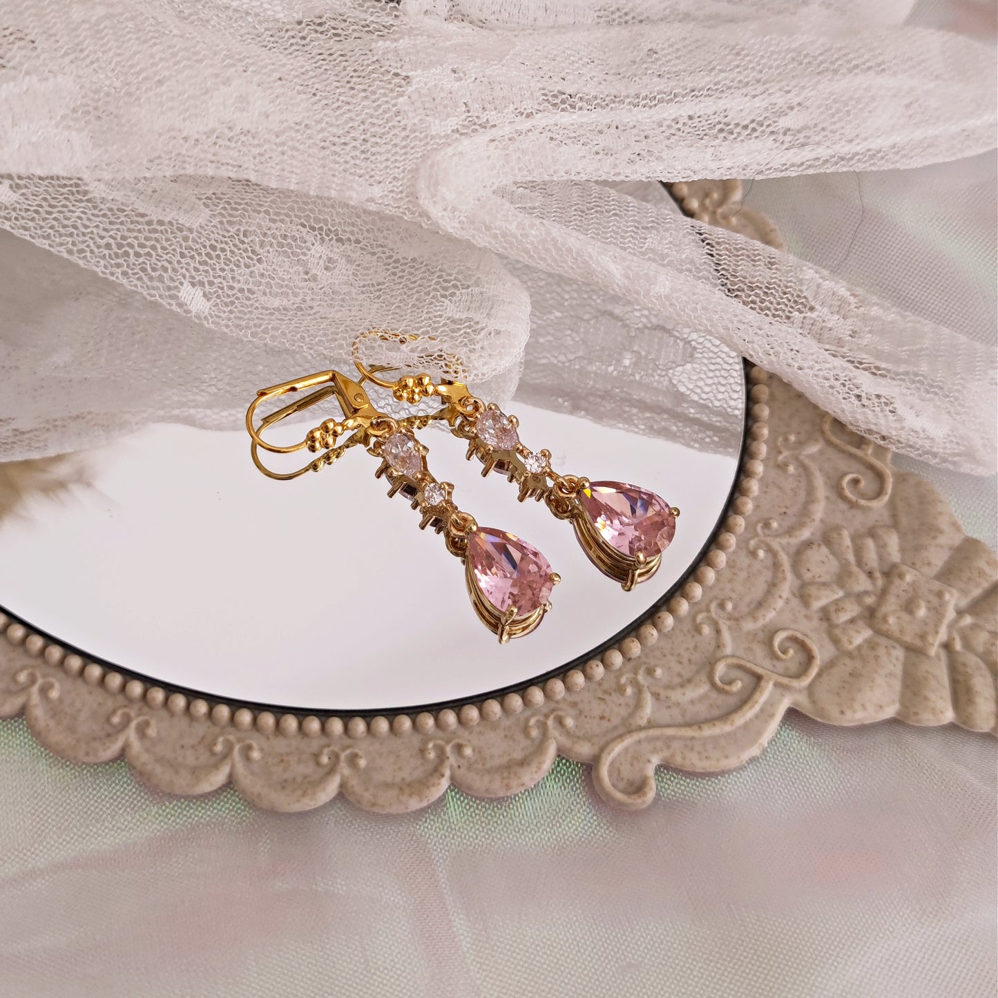 "Edwina" earrings with pink teardrop crystals