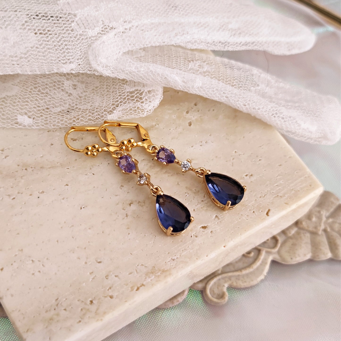 "Kate" earrings with violet teardrop crystals