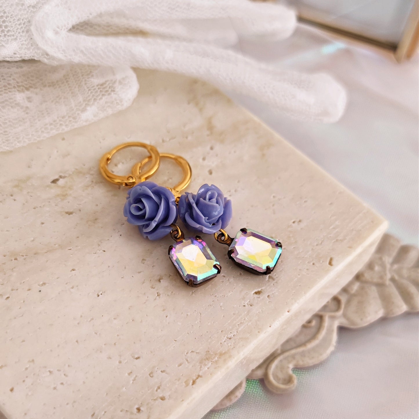 "Philippa" earrings with lilac roses and iridescent crystals