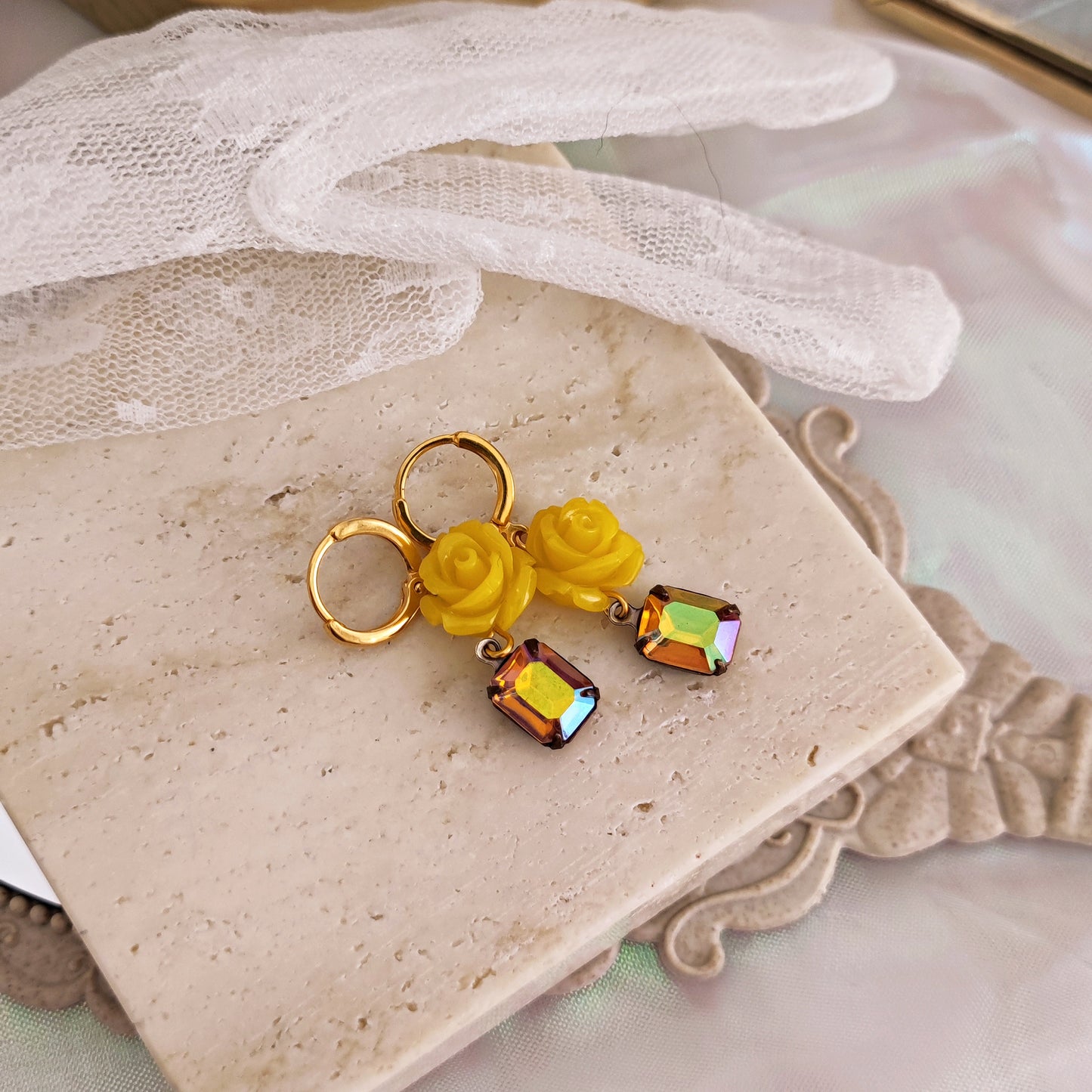 "Prudence" earrings with yellow roses and iridescent orange crystals