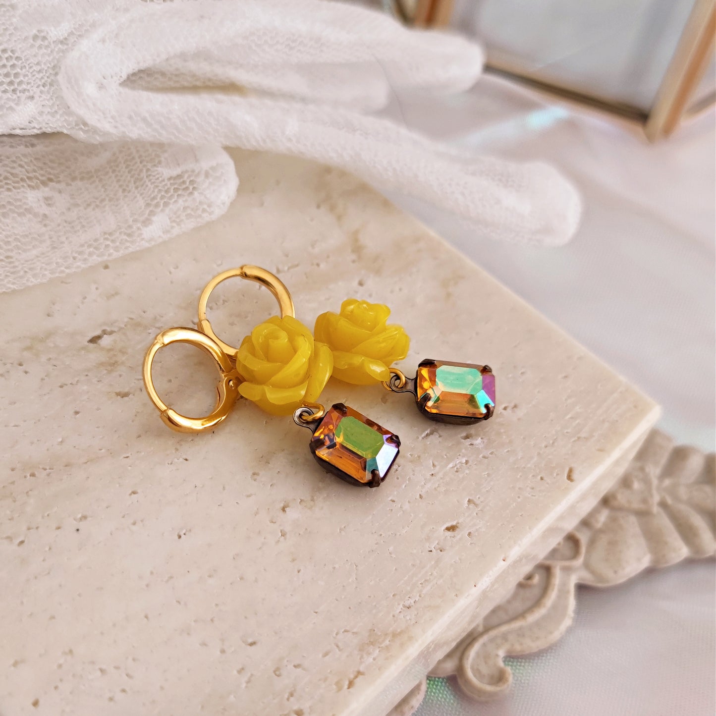 "Prudence" earrings with yellow roses and iridescent orange crystals