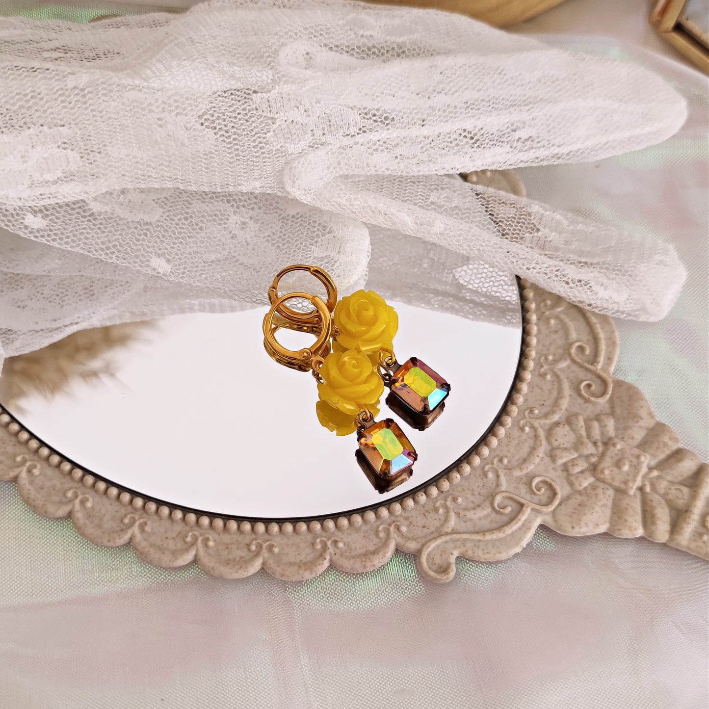 "Prudence" earrings with yellow roses and iridescent orange crystals