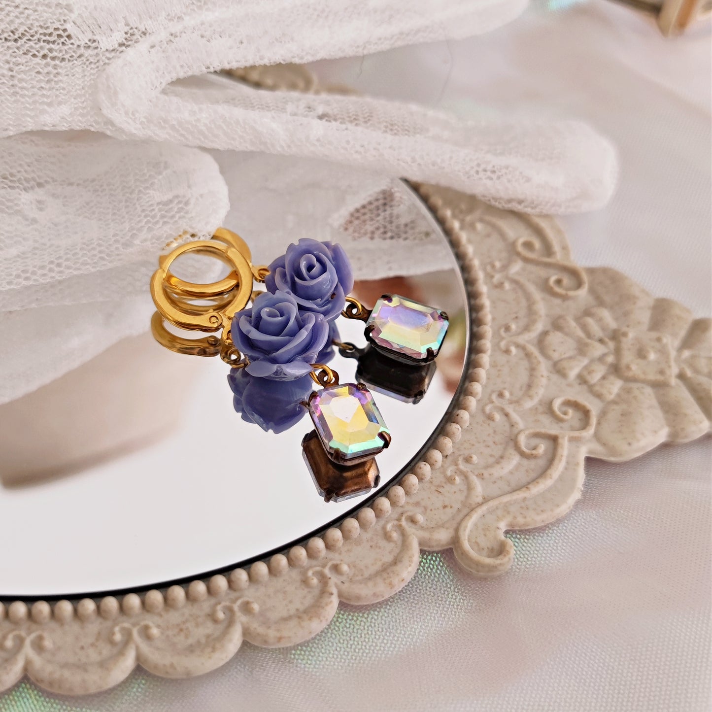 "Philippa" earrings with lilac roses and iridescent crystals