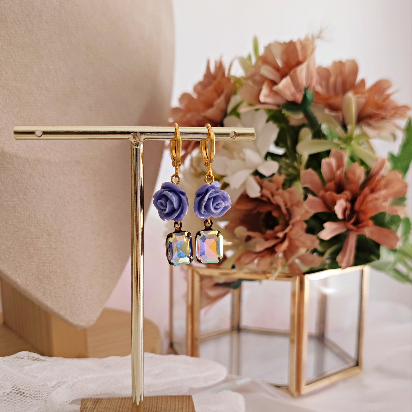 "Philippa" earrings with lilac roses and iridescent crystals