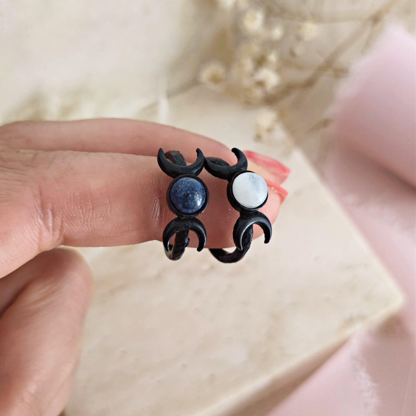 Mystic Luna Black Ring, Moon Phases Ring, Moonstone Moon Phases Ring