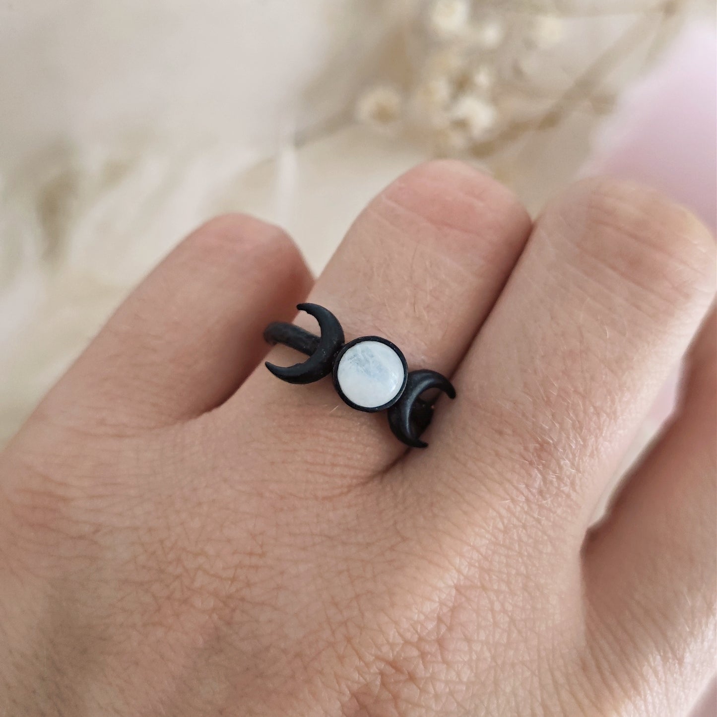 Mystic Luna Black Ring, Moon Phases Ring, Moonstone Moon Phases Ring