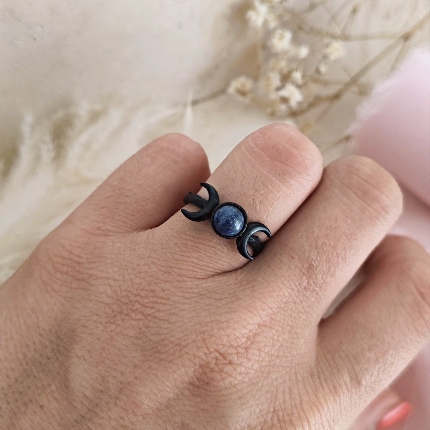 Mystic Luna Black Ring, Moon Phases Ring, Moonstone Moon Phases Ring