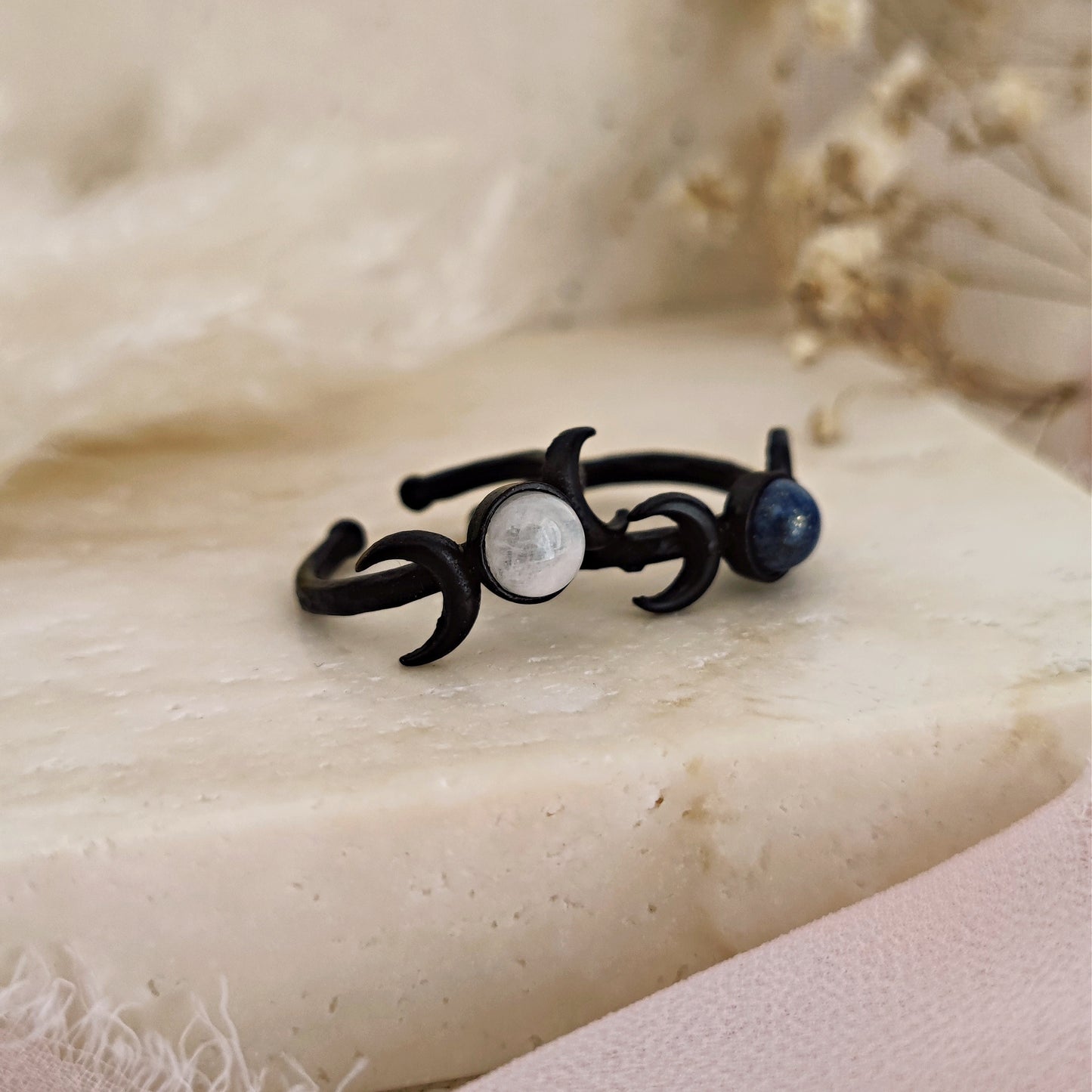 Mystic Luna Black Ring, Moon Phases Ring, Moonstone Moon Phases Ring