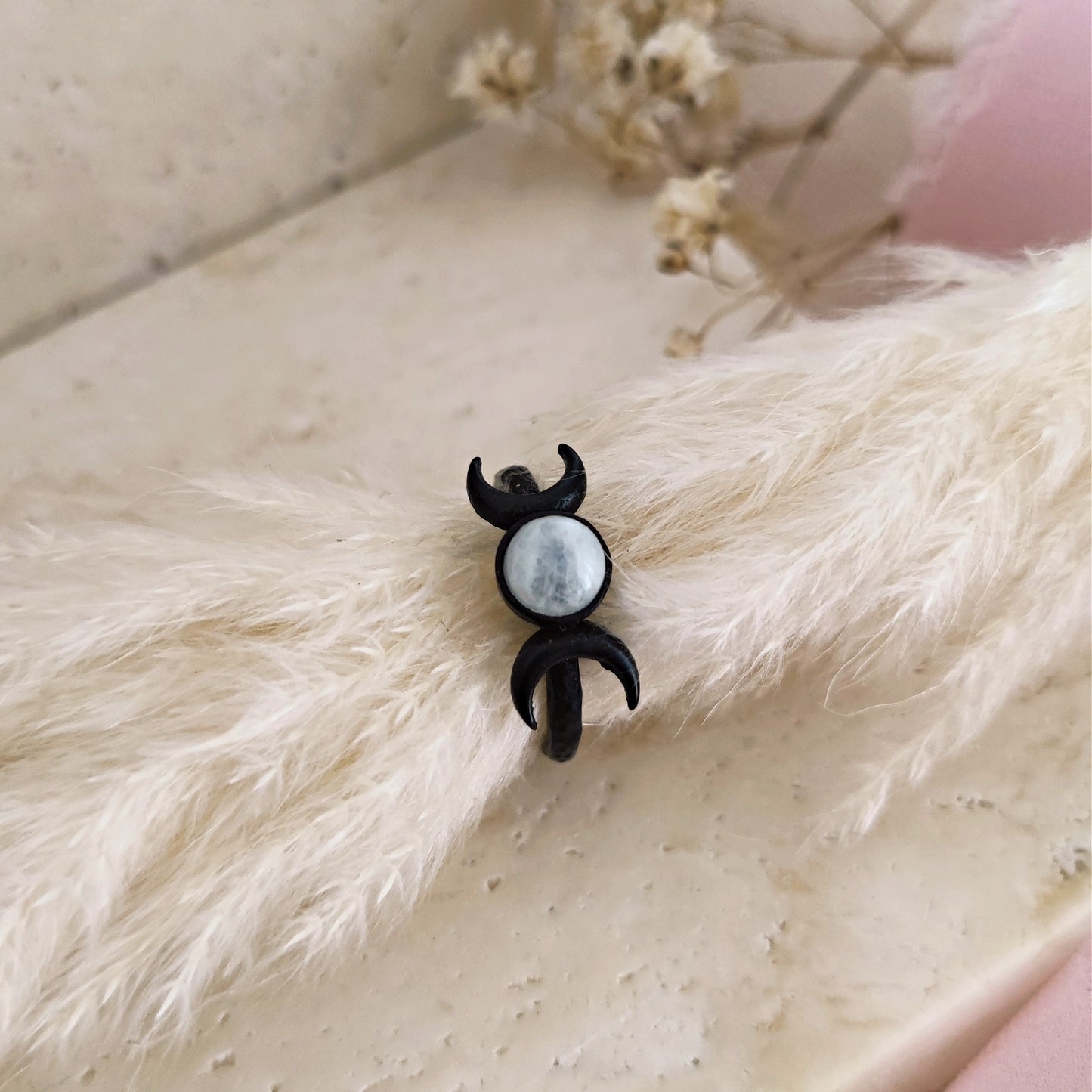 Mystic Luna Black Ring, Moon Phases Ring, Moonstone Moon Phases Ring