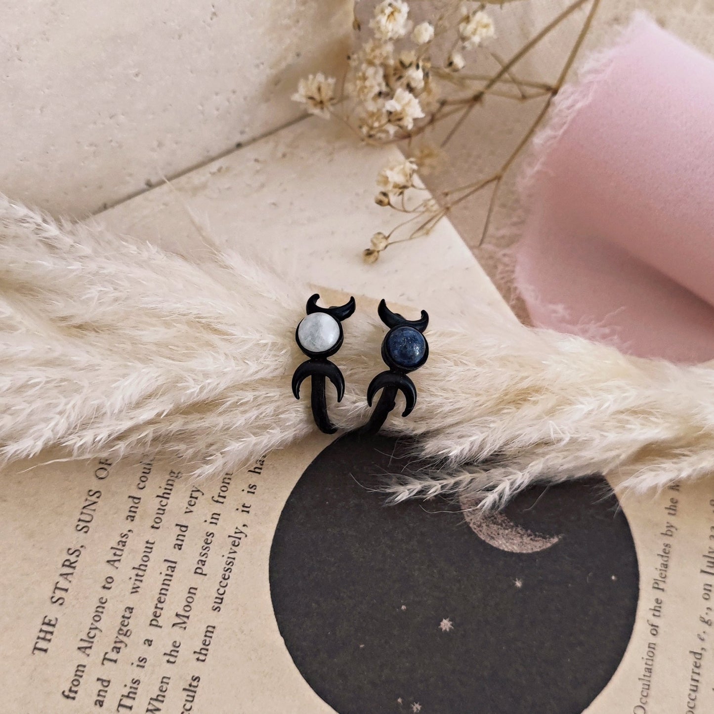 Mystic Luna Black Ring, Moon Phases Ring, Moonstone Moon Phases Ring