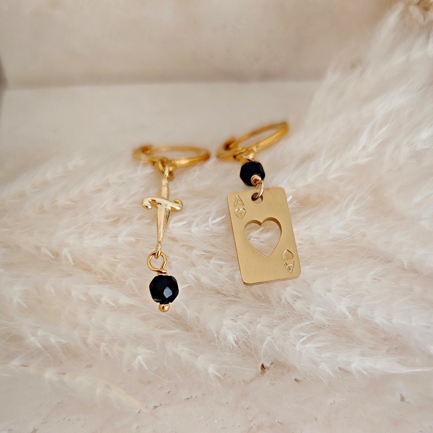 Golden Hoops Earrings with Card, Dagger and Onyx // CROW CLUB