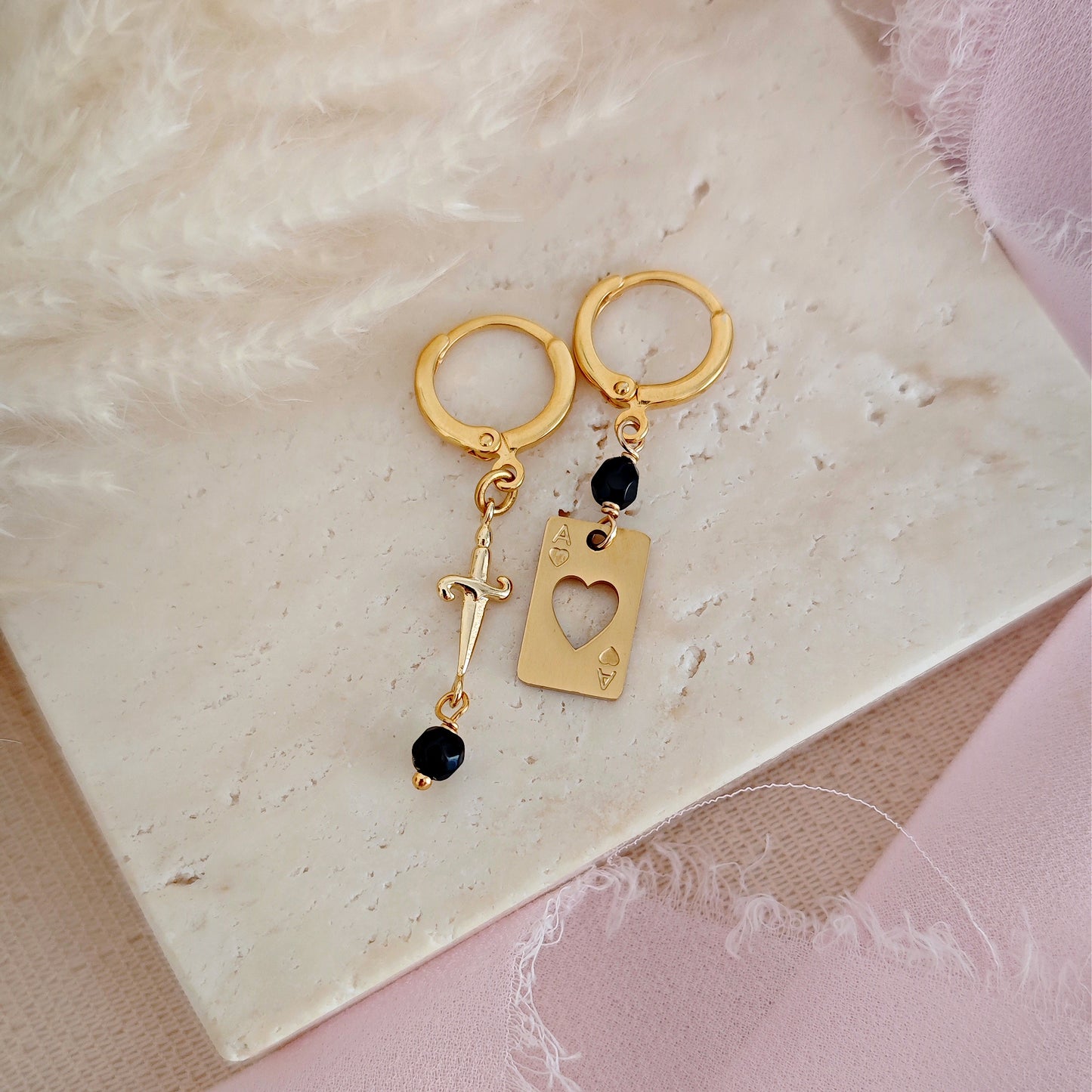 Golden Hoops Earrings with Card, Dagger and Onyx // CROW CLUB