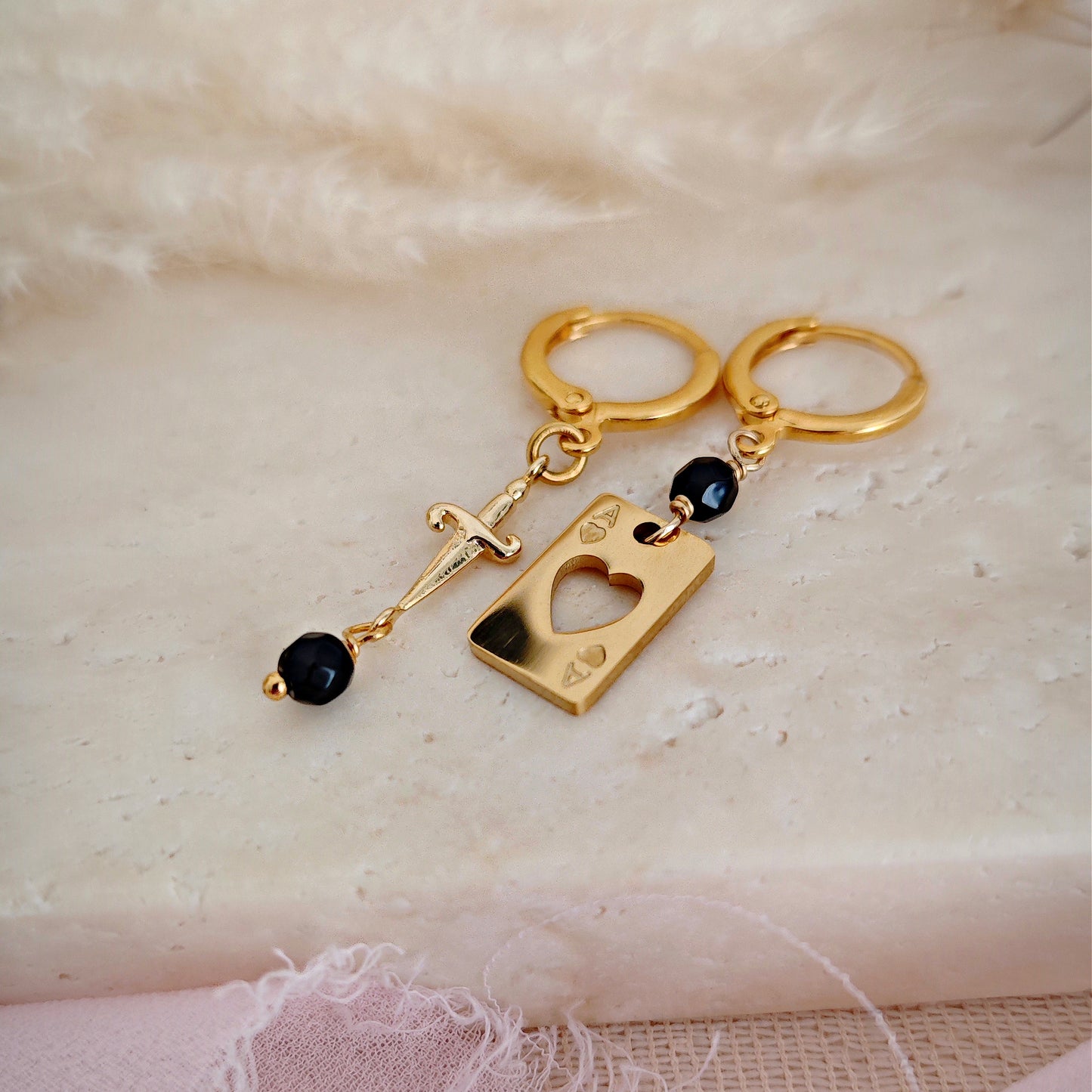 Golden Hoops Earrings with Card, Dagger and Onyx // CROW CLUB