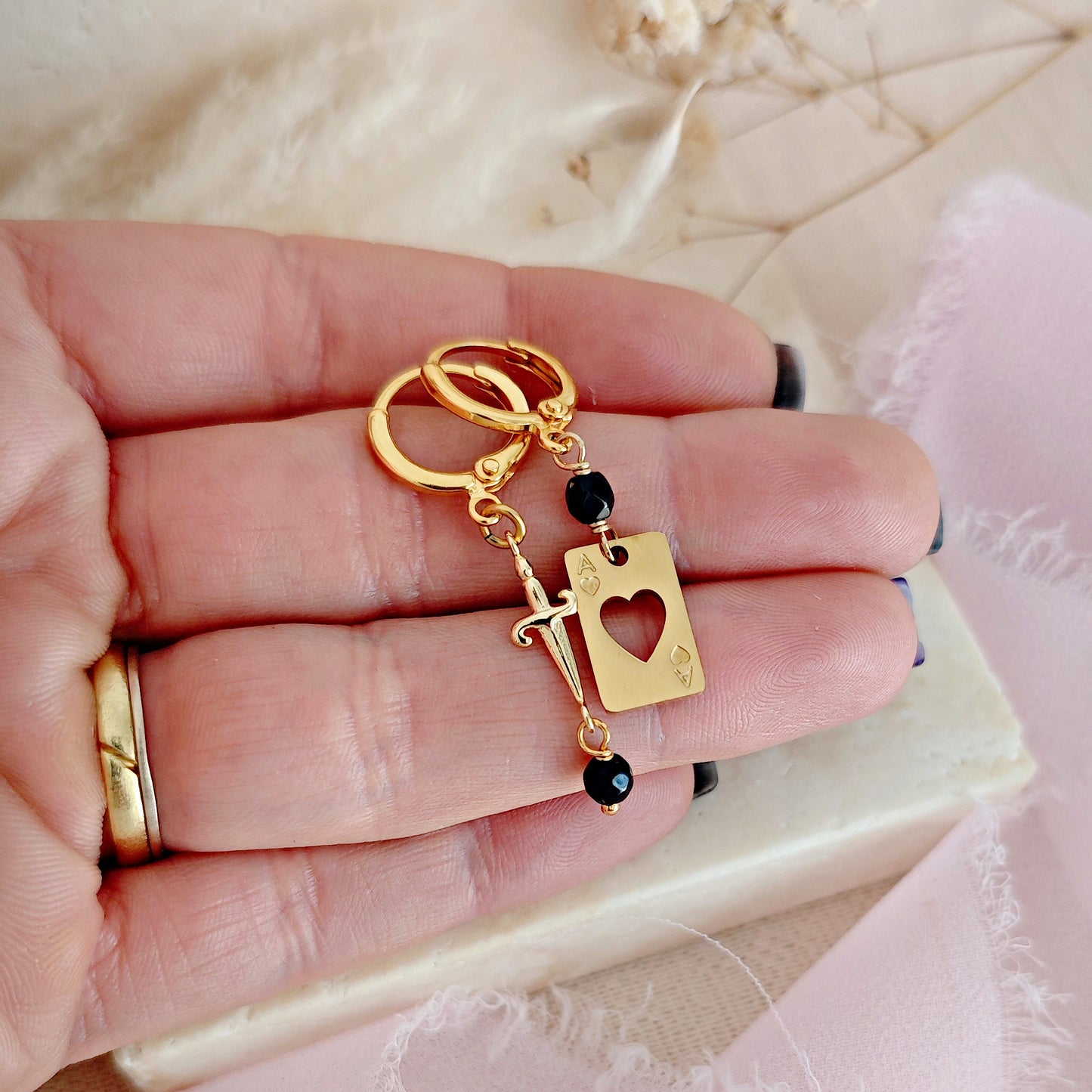 Golden Hoops Earrings with Card, Dagger and Onyx // CROW CLUB