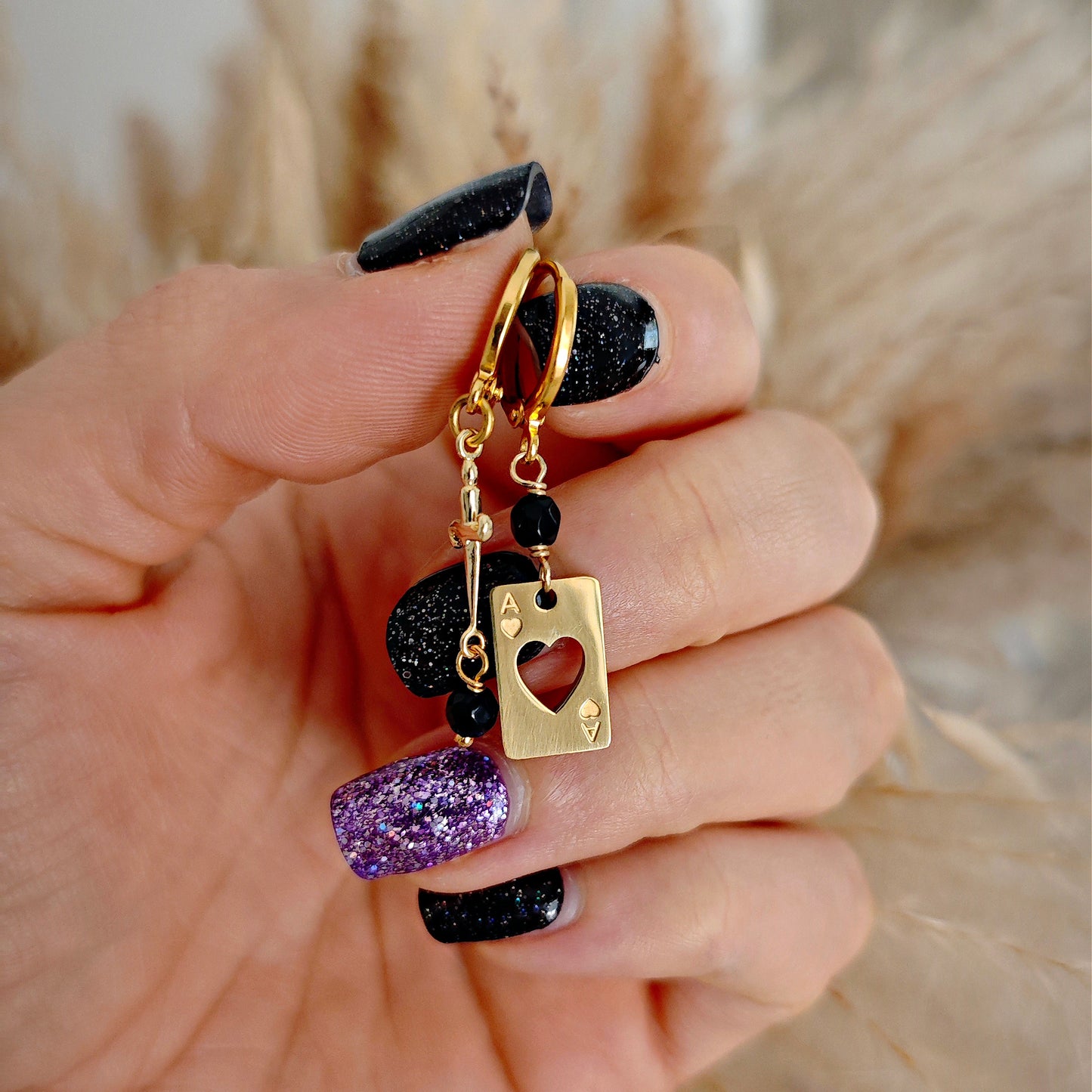 Golden Hoops Earrings with Card, Dagger and Onyx // CROW CLUB