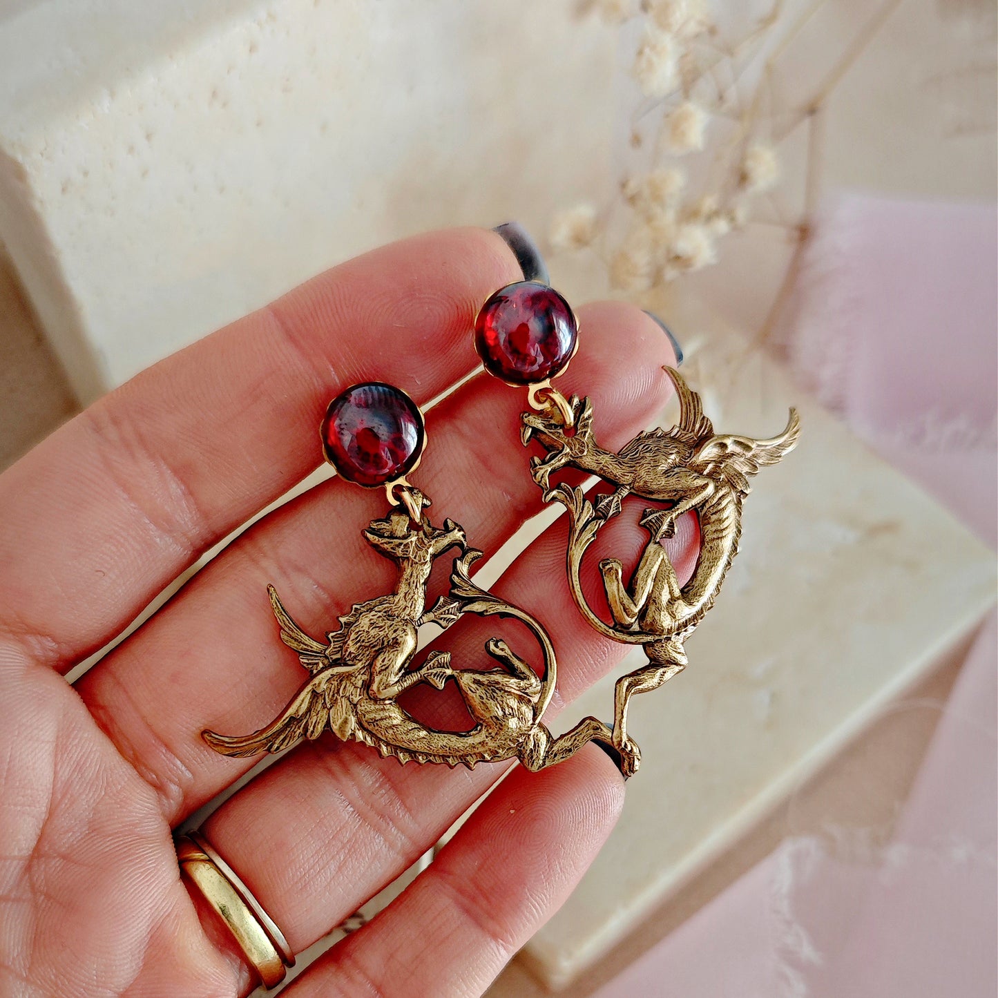 The Tudors Anne Boleyn Inspired Dragon and Ruby Gemstones Earrings