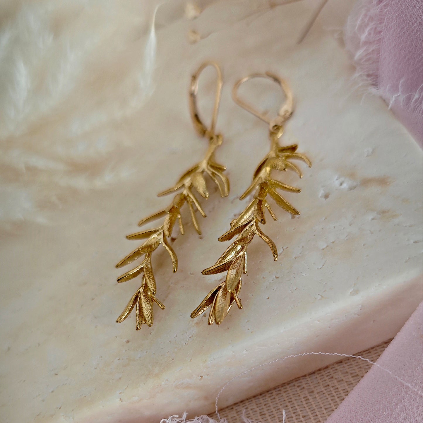 Rosemary Twig Earrings for Botanical Enthusiasts, Whimsical Cottagecore Rosemary Branch Earrings in Raw Brass for Plant Lovers