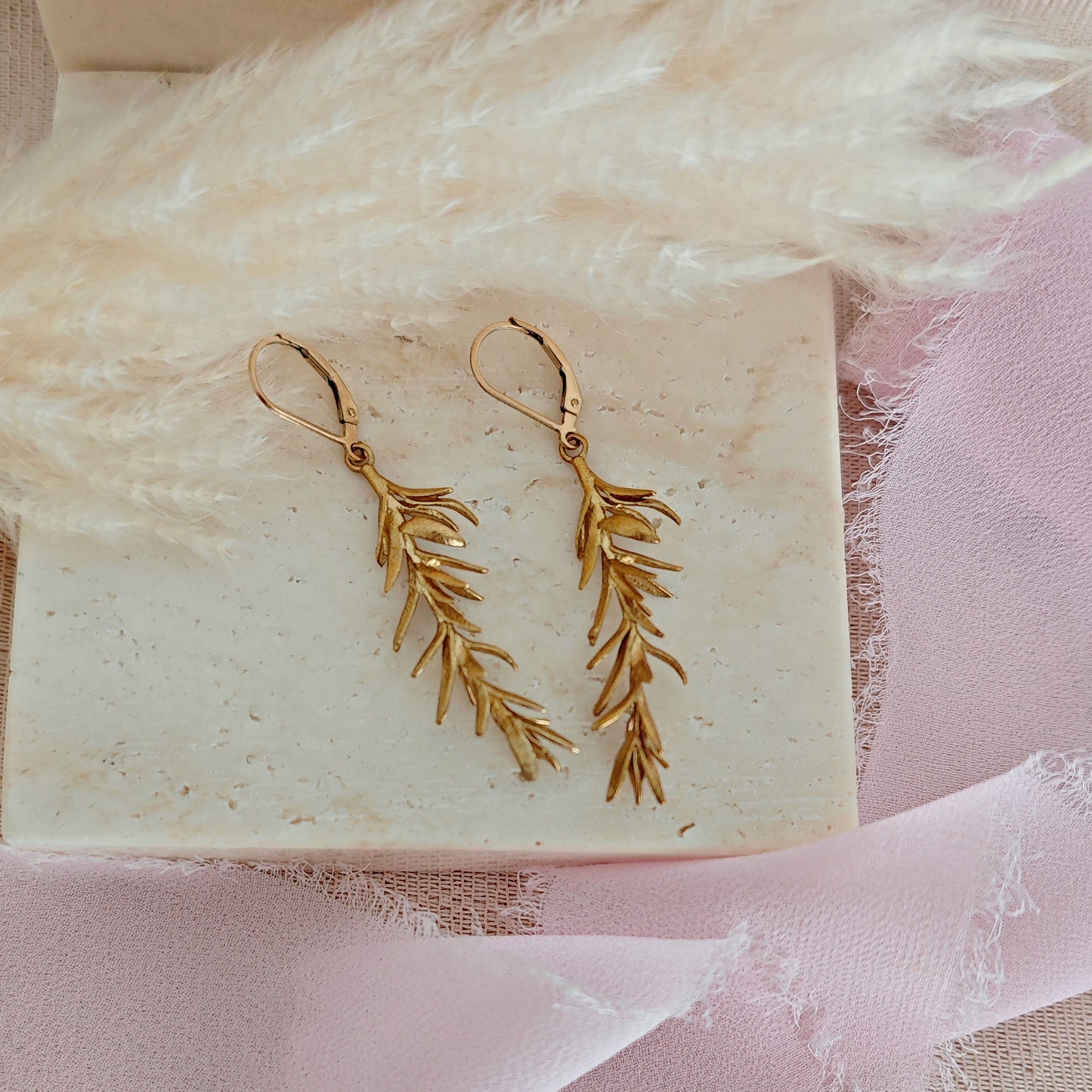 Rosemary Twig Earrings for Botanical Enthusiasts, Whimsical Cottagecore Rosemary Branch Earrings in Raw Brass for Plant Lovers