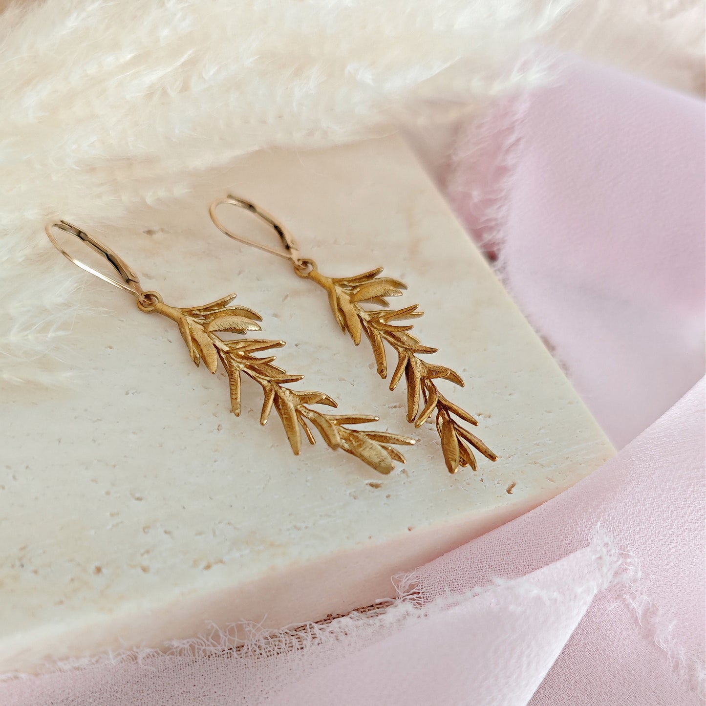 Rosemary Twig Earrings for Botanical Enthusiasts, Whimsical Cottagecore Rosemary Branch Earrings in Raw Brass for Plant Lovers