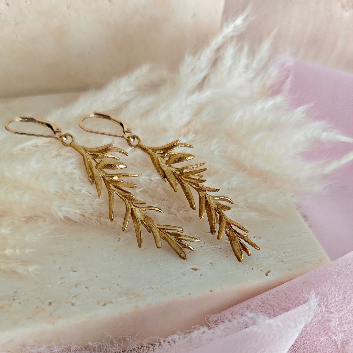 Rosemary Twig Earrings for Botanical Enthusiasts, Whimsical Cottagecore Rosemary Branch Earrings in Raw Brass for Plant Lovers