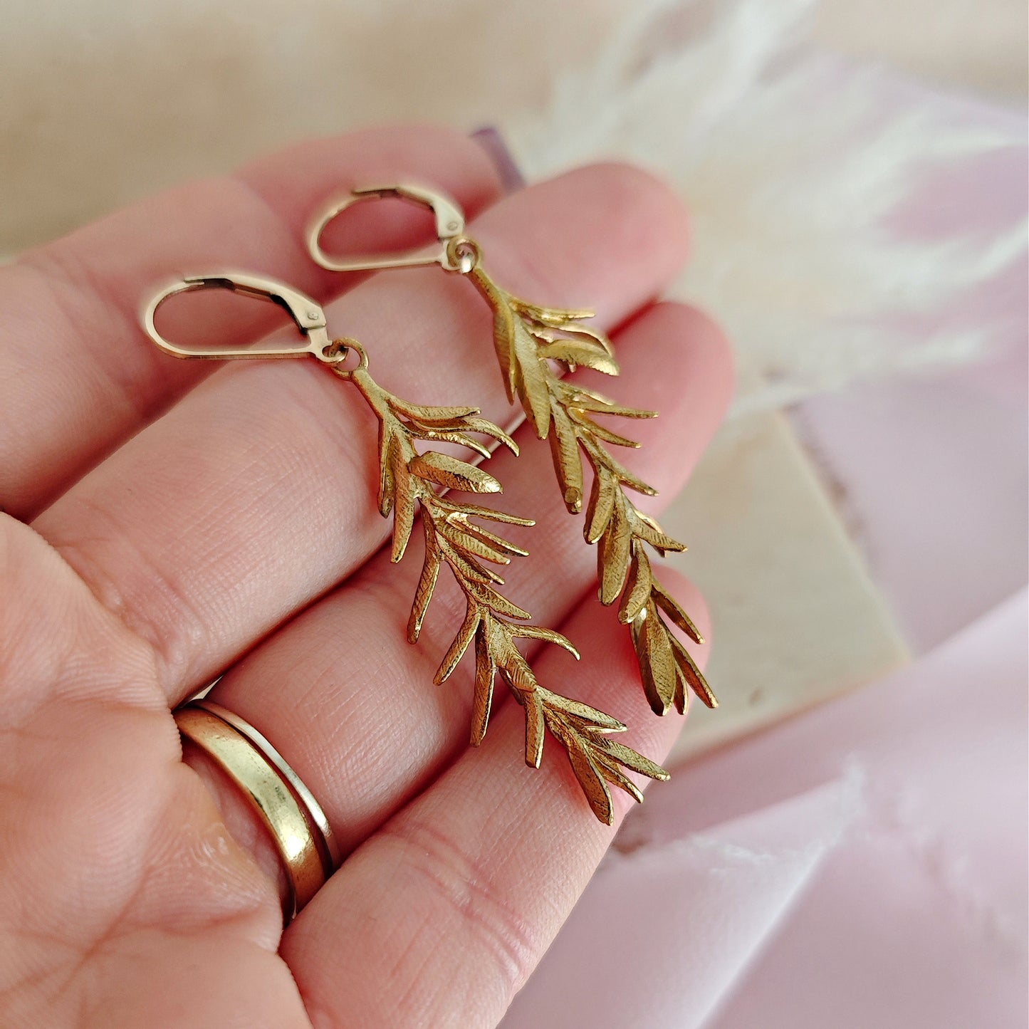 Rosemary Twig Earrings for Botanical Enthusiasts, Whimsical Cottagecore Rosemary Branch Earrings in Raw Brass for Plant Lovers