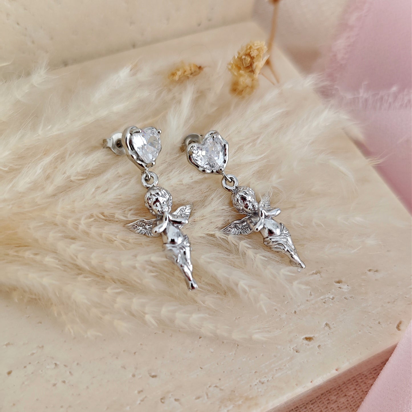 Angel Cherub Romantic Earrings, Guardians Angels Heart Earrings, Coquette Aesthetic Earrings, Dangling Heart and Angel Earrings