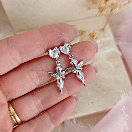 Angel Cherub Romantic Earrings, Guardians Angels Heart Earrings, Coquette Aesthetic Earrings, Dangling Heart and Angel Earrings