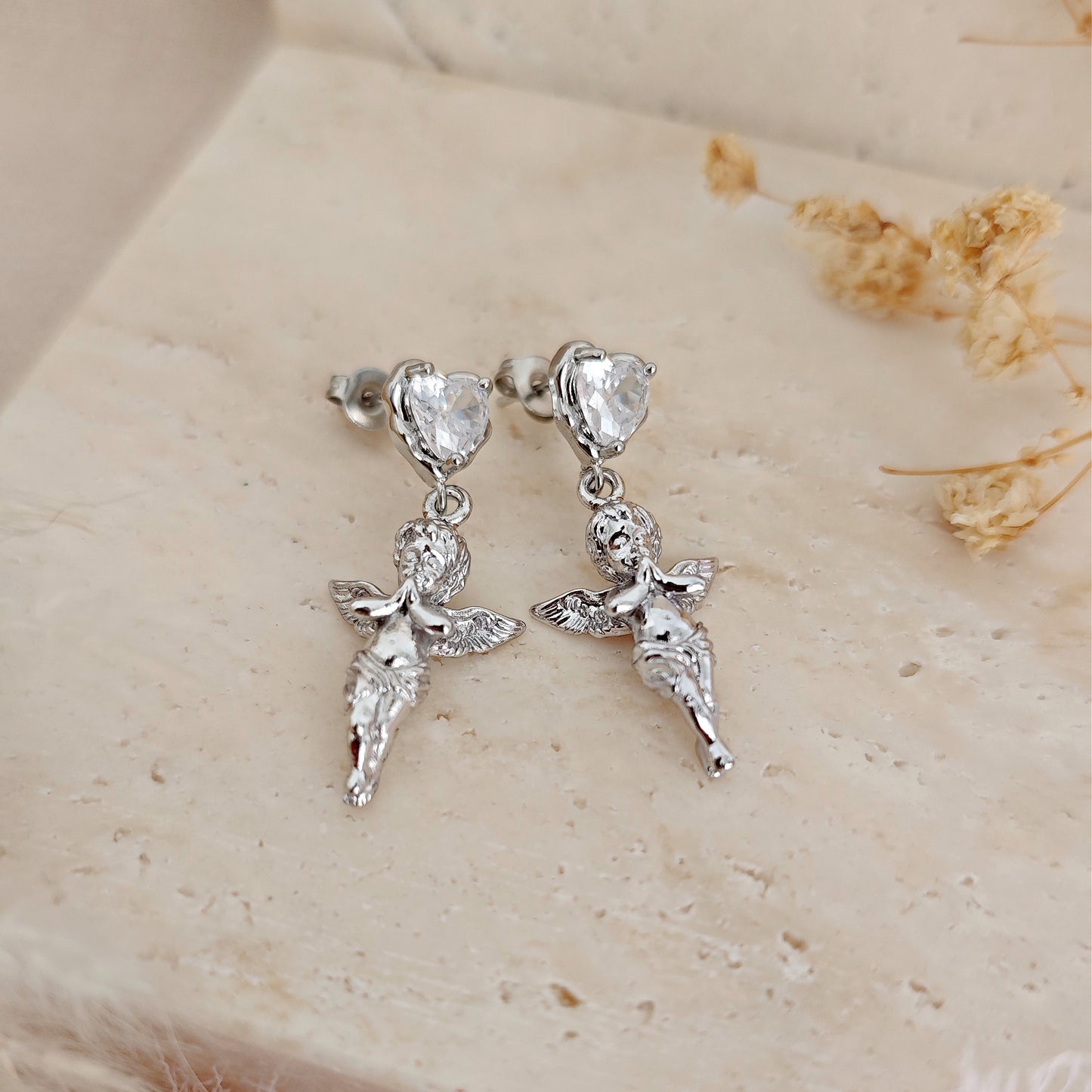 Angel Cherub Romantic Earrings, Guardians Angels Heart Earrings, Coquette Aesthetic Earrings, Dangling Heart and Angel Earrings