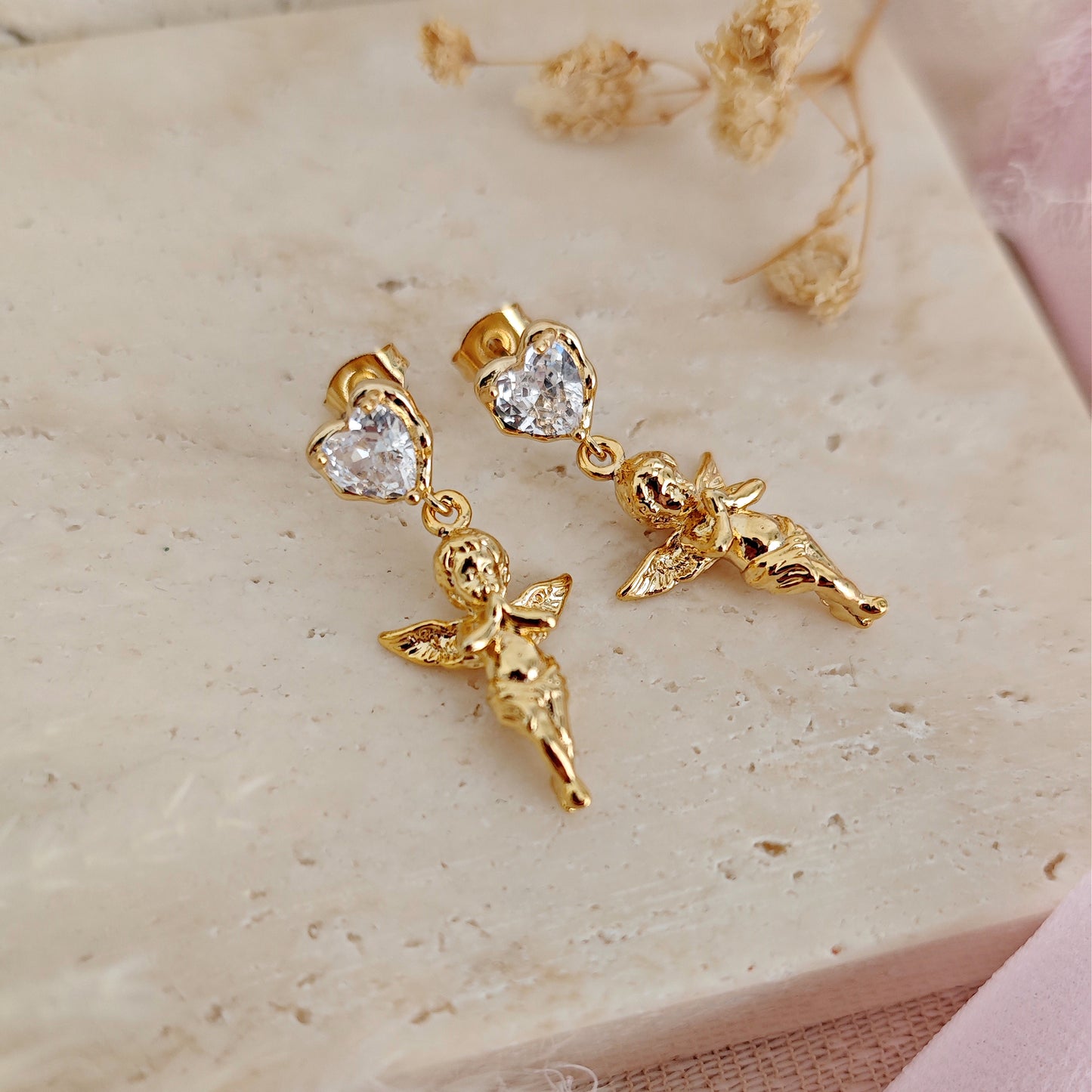Angel Cherub Romantic Earrings, Guardians Angels Heart Earrings, Coquette Aesthetic Earrings, Dangling Heart and Angel Earrings