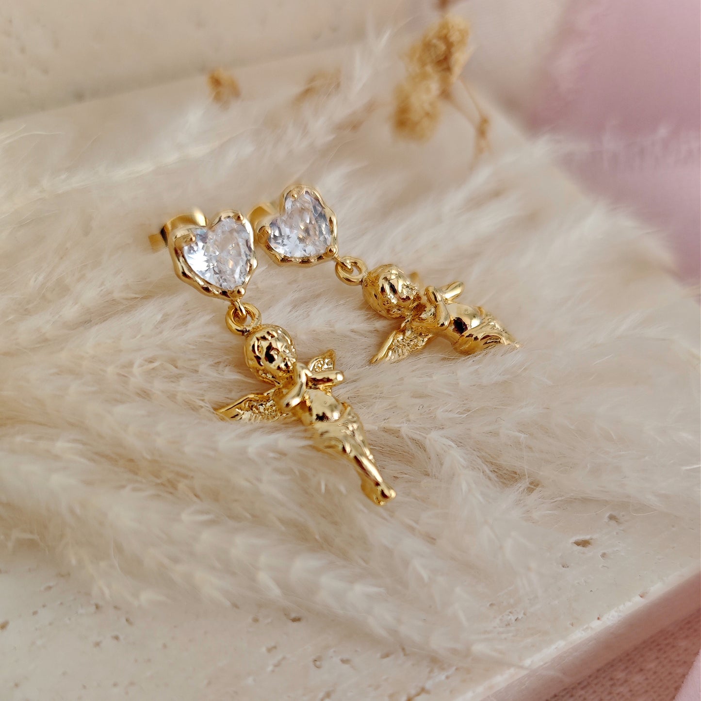 Angel Cherub Romantic Earrings, Guardians Angels Heart Earrings, Coquette Aesthetic Earrings, Dangling Heart and Angel Earrings