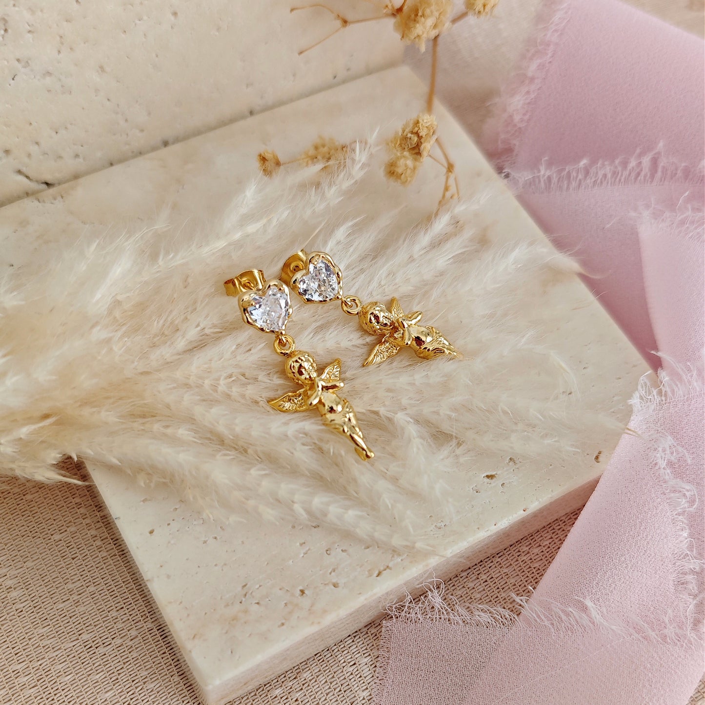 Angel Cherub Romantic Earrings, Guardians Angels Heart Earrings, Coquette Aesthetic Earrings, Dangling Heart and Angel Earrings