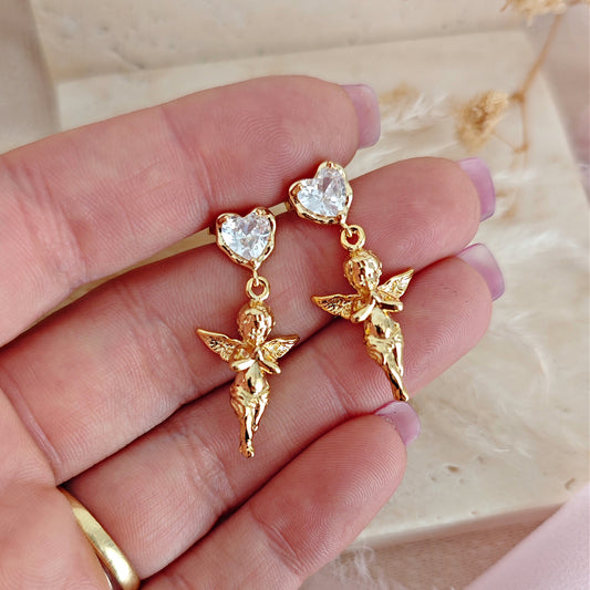 Angel Cherub Romantic Earrings, Guardians Angels Heart Earrings, Coquette Aesthetic Earrings, Dangling Heart and Angel Earrings
