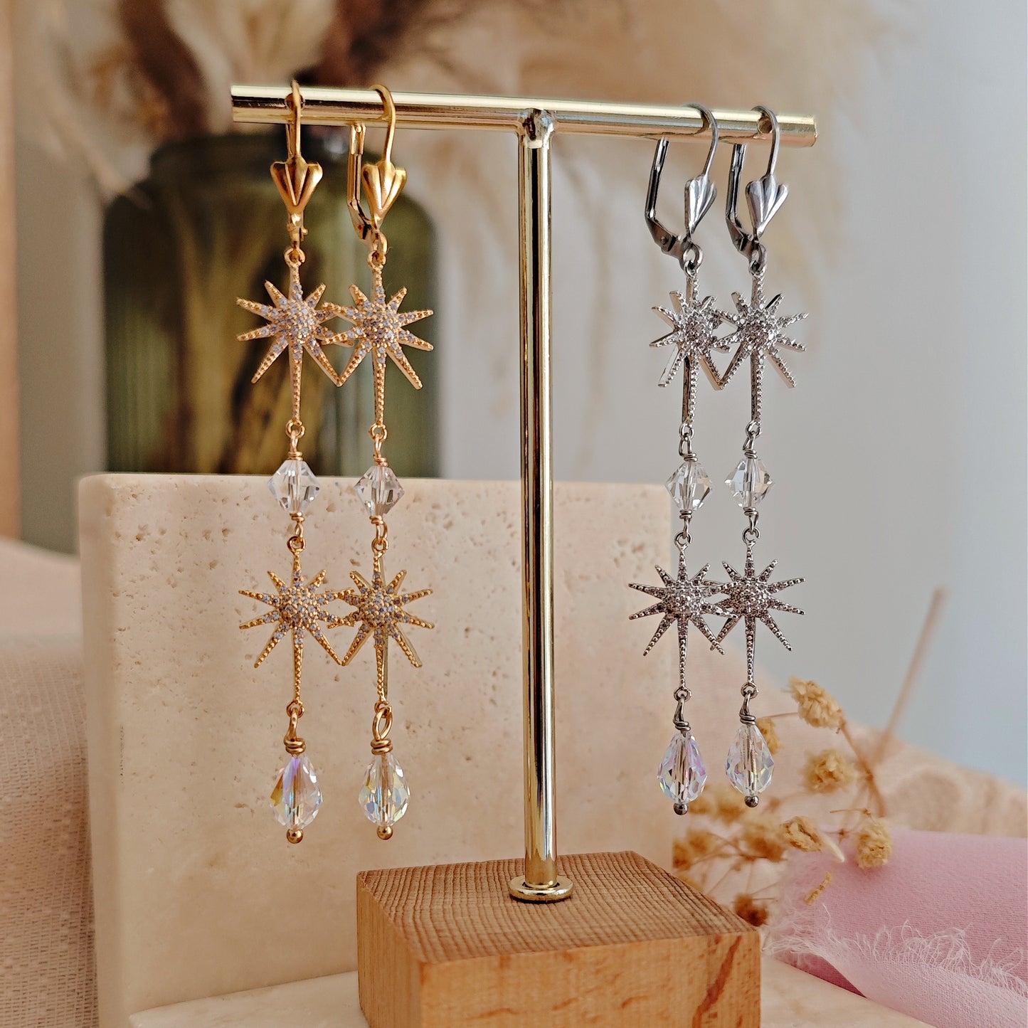 Celestial Bridal Earrings, Long Starburst Earrings, Sparkling Stars Earrings, Art Deco Earrings, version 1