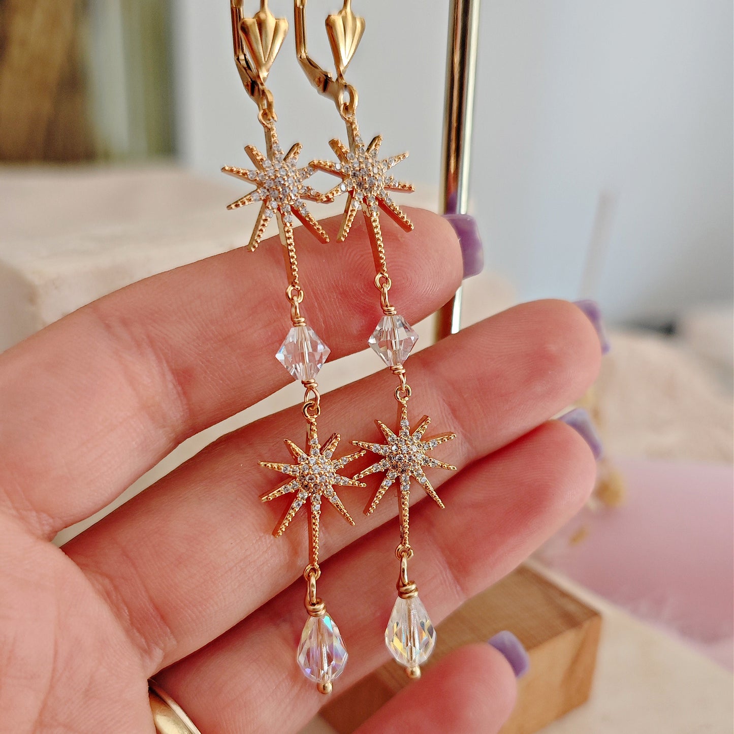 Celestial Bridal Earrings, Long Starburst Earrings, Sparkling Stars Earrings, Art Deco Earrings, version 1