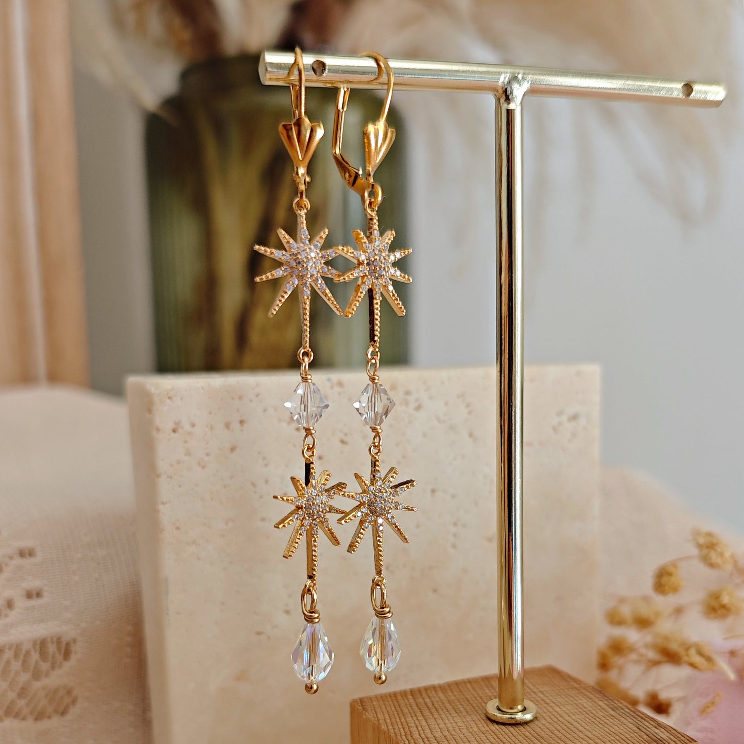 Celestial Bridal Earrings, Long Starburst Earrings, Sparkling Stars Earrings, Art Deco Earrings, version 1