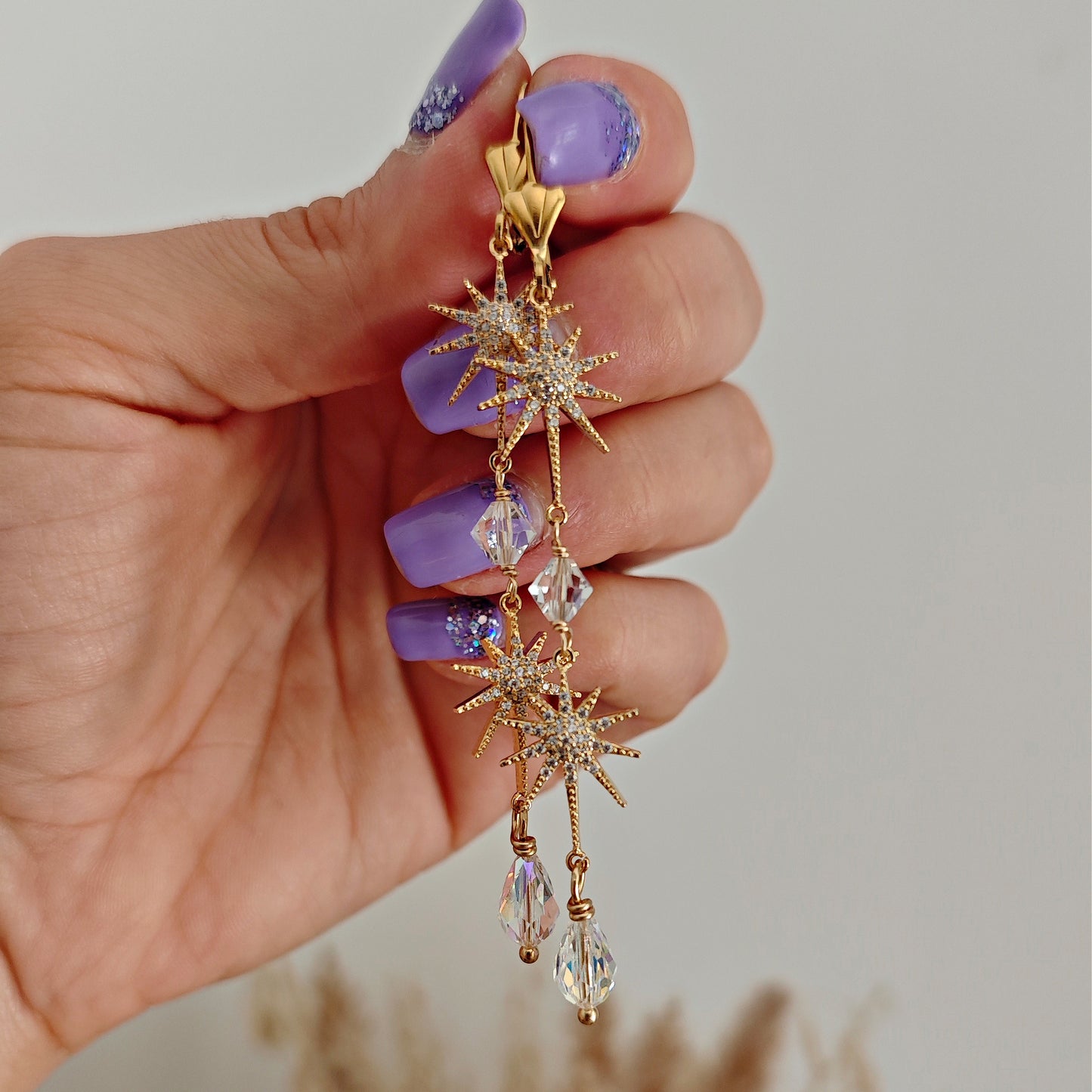 Celestial Bridal Earrings, Long Starburst Earrings, Sparkling Stars Earrings, Art Deco Earrings, version 1
