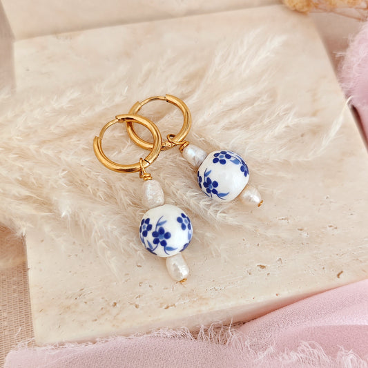 "Sea Bloom" earrings with floral ceramic beads and freshwater pearls