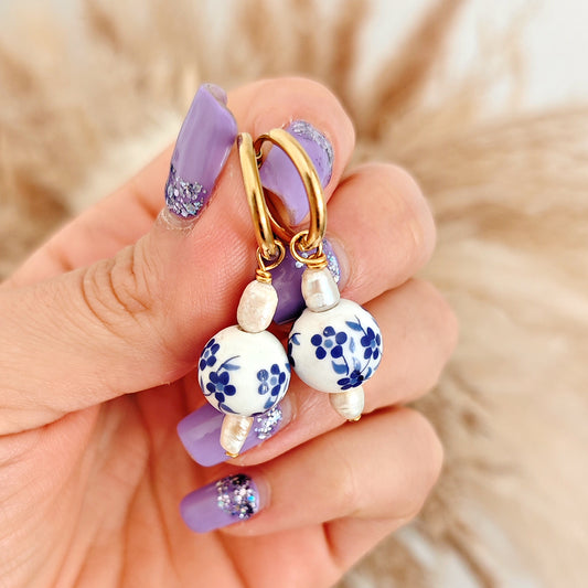 "Sea Bloom" earrings with floral ceramic beads and freshwater pearls