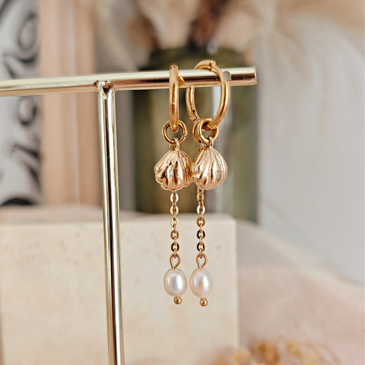 "Siren's Treasure" earrings with shells and freshwater pearls