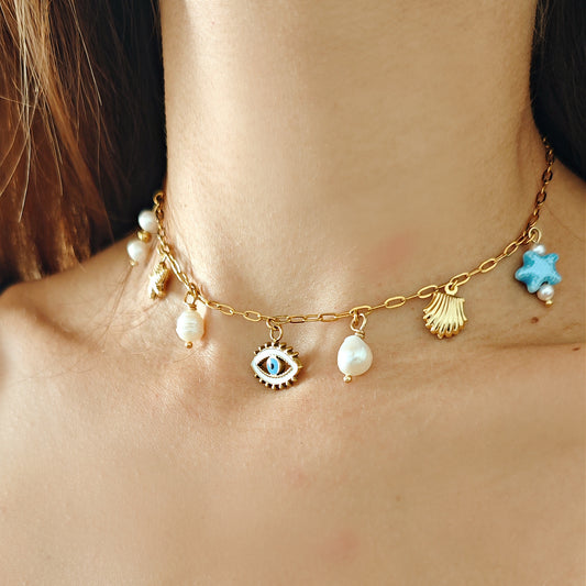 Collana choker "Siren's Song" con occhio turco e perle di fiume