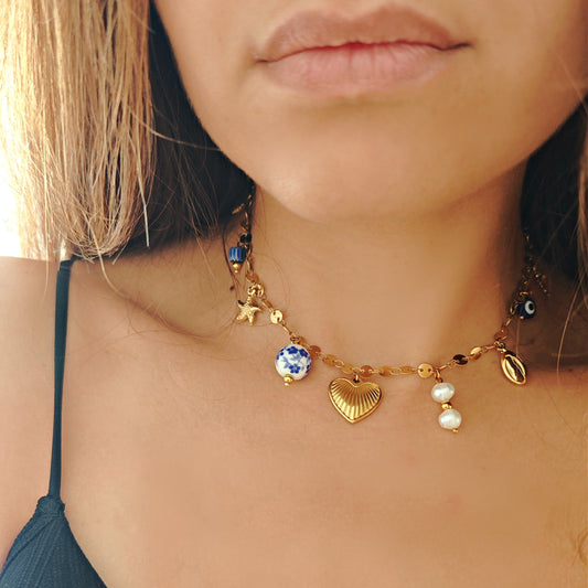 "Summer Muse" necklace with heart and ceramic pearls