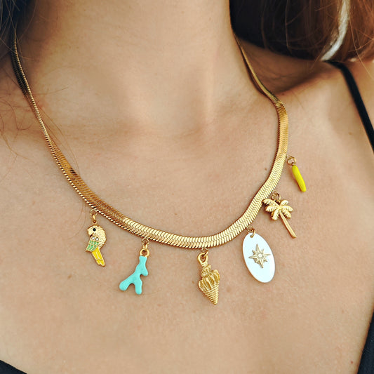 "Golden Wave" necklace with mother-of-pearl and enamel charms
