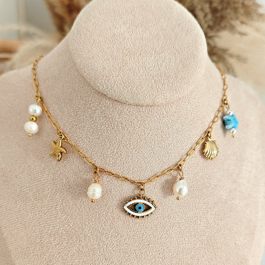 Collana choker "Siren's Song" con occhio turco e perle di fiume