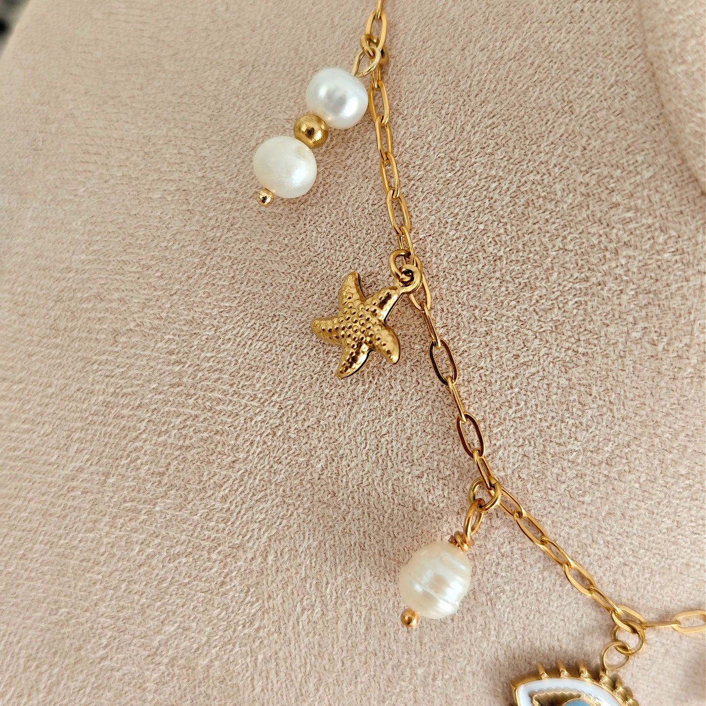 "Siren's Song" Necklace with Evil Eye and Freshwater Pearls