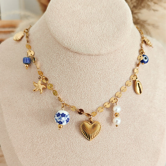 "Summer Muse" necklace with heart and ceramic pearls
