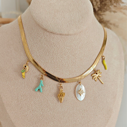 "Golden Wave" necklace with mother-of-pearl and enamel charms