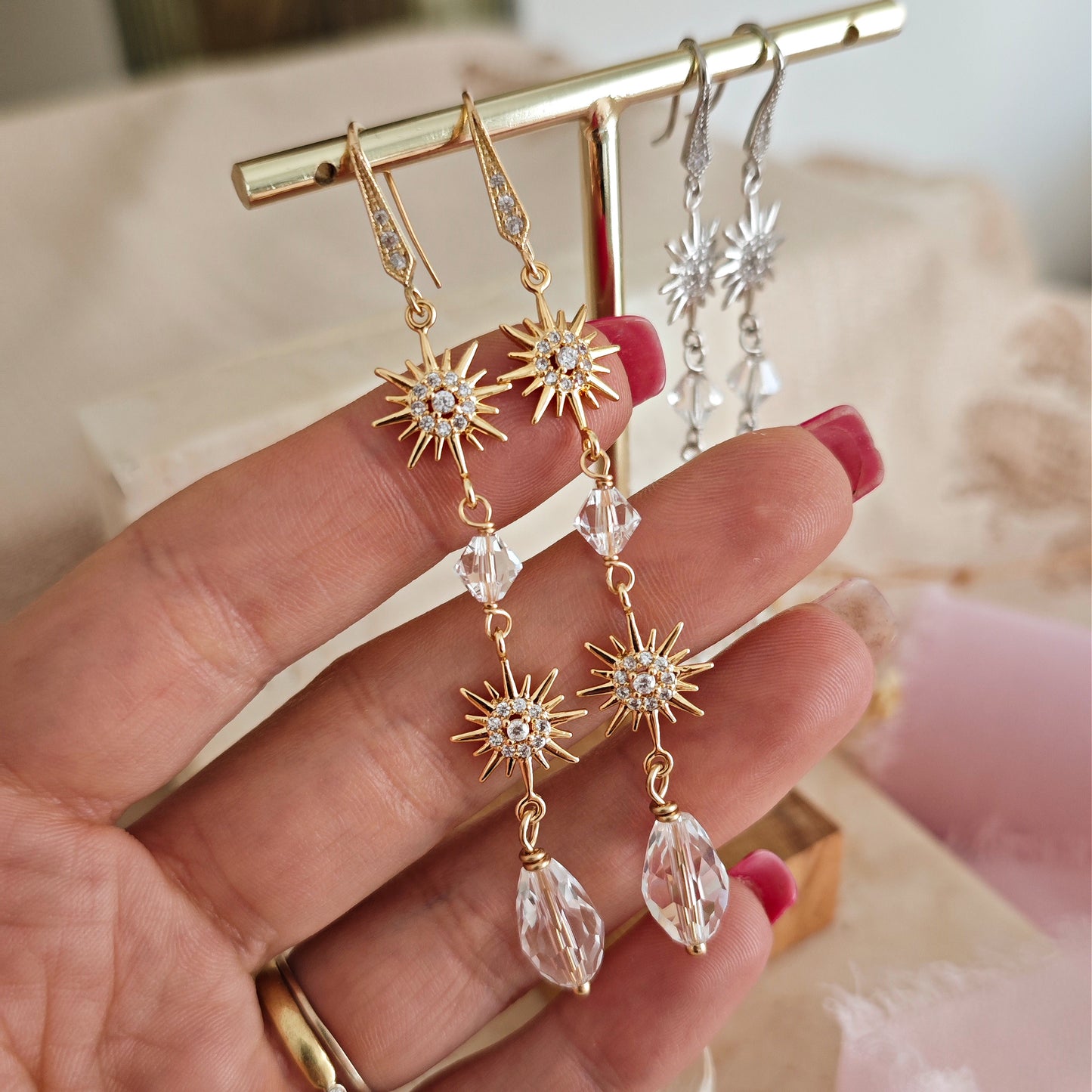 Celestial Bridal Earrings, Long Starburst Earrings, Sparkling Stars Earrings, Art Deco Earrings, version 2