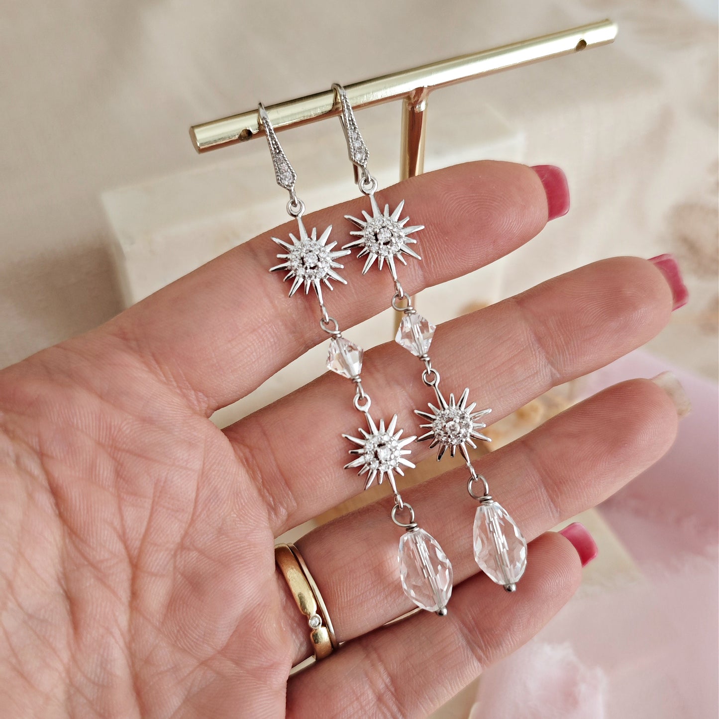 Celestial Bridal Earrings, Long Starburst Earrings, Sparkling Stars Earrings, Art Deco Earrings, version 2